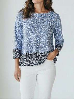 Charter Club Blue and White Floral Cotton Top With 3/4 Sleeves & Boatneck Collar